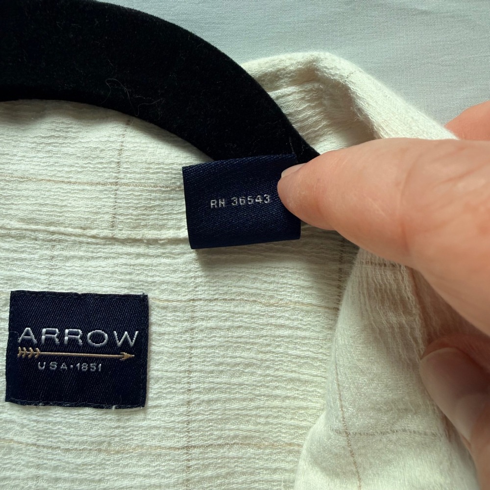 Arrow Mens Short Sleeve Button Down Shirt‎ Cream Bamboo Cotton Windowpane Medium - Picture 4 of 9